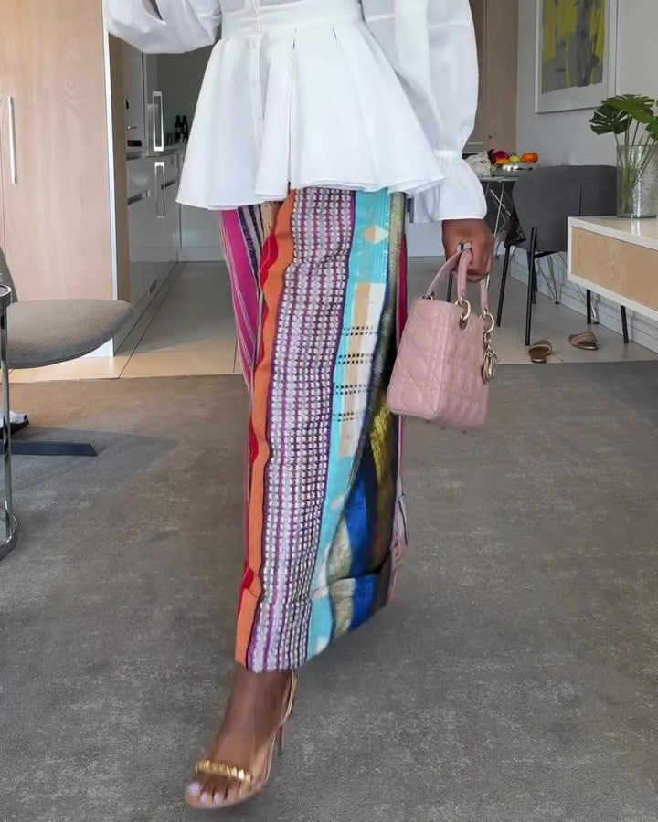 Classic Patterned Linen Wide-leg Trousers