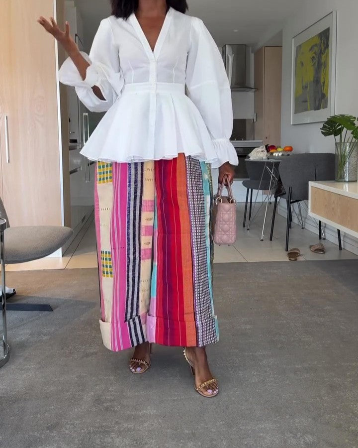 Classic Patterned Linen Wide-leg Trousers