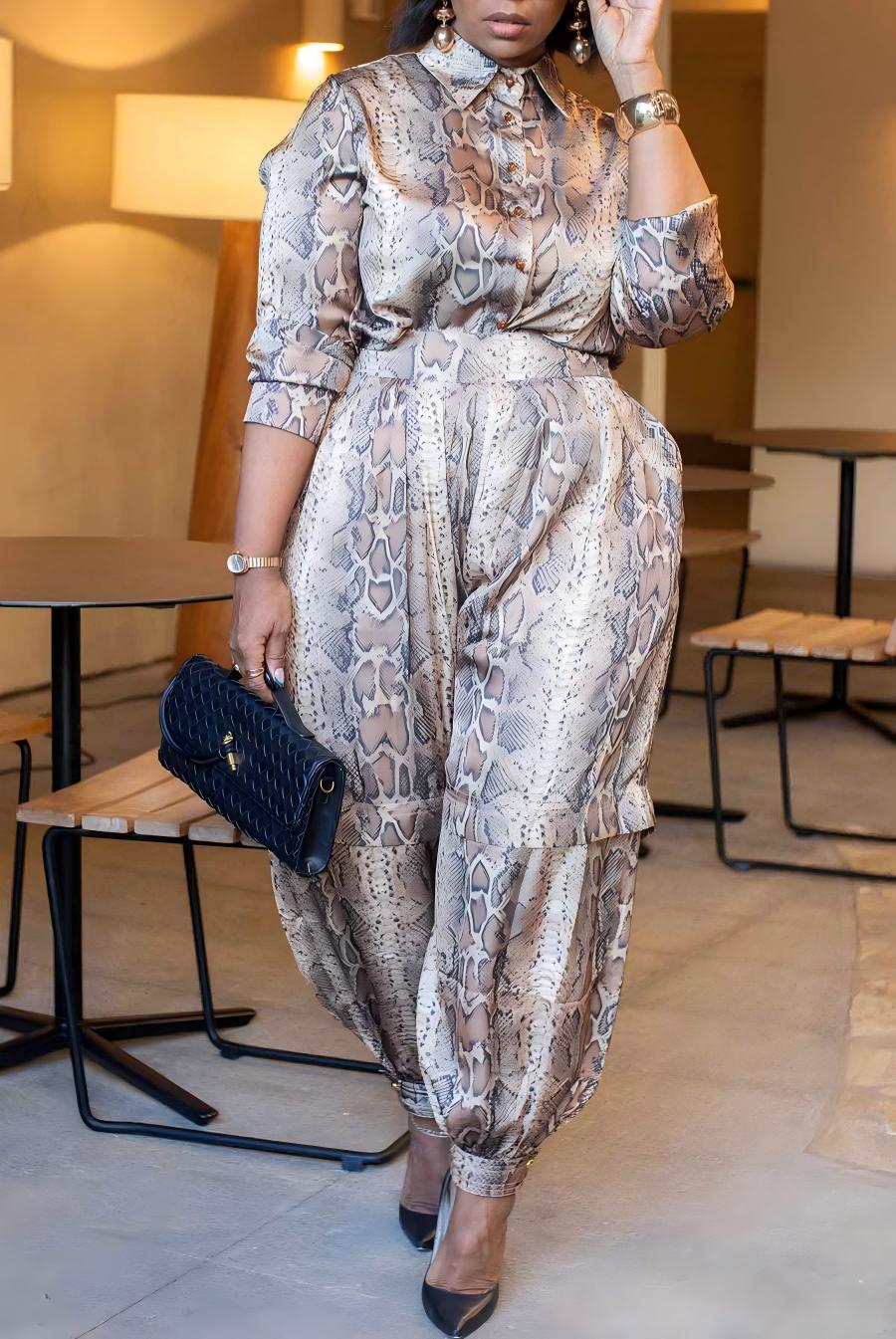 Python Print Satin Shirt Jumpsuit