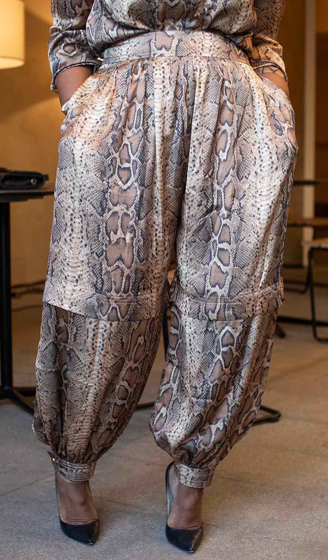 Python Print Satin Shirt Jumpsuit