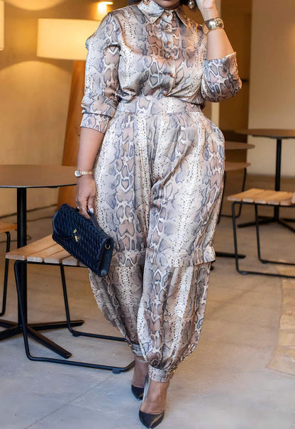 Python Print Satin Shirt Jumpsuit