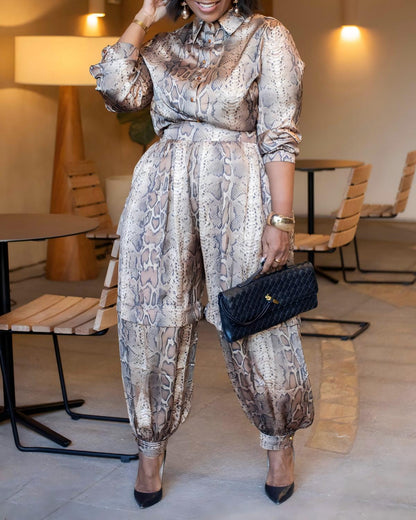 Python Print Satin Shirt Jumpsuit