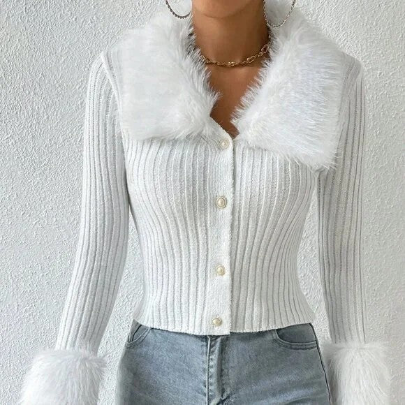 Faux Fuzzy Trim Button Front Cardigan