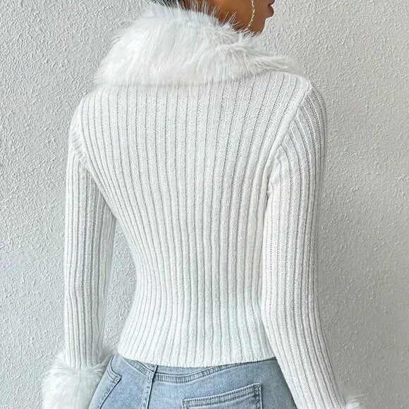 Faux Fuzzy Trim Button Front Cardigan