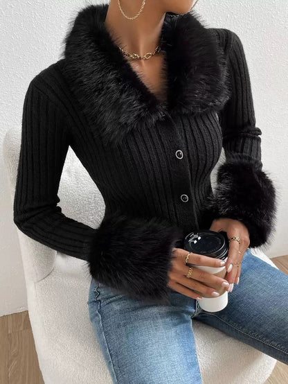Faux Fuzzy Trim Button Front Cardigan