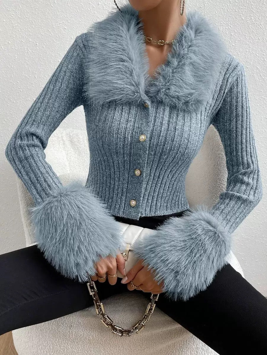 Faux Fuzzy Trim Button Front Cardigan