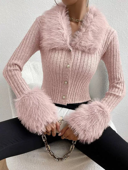 Faux Fuzzy Trim Button Front Cardigan