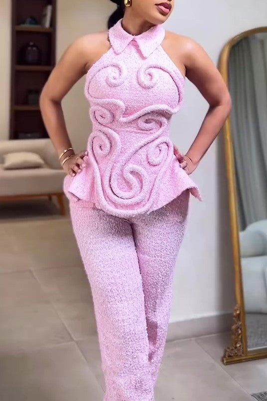 Pink Tweed Sleeveless Wide-leg Pants Suit