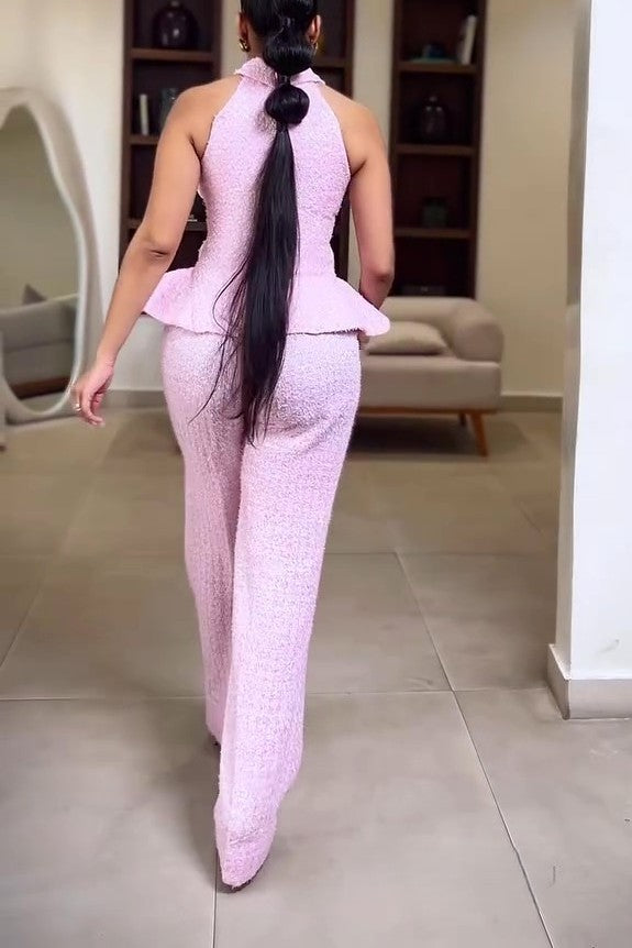 Pink Tweed Sleeveless Wide-leg Pants Suit