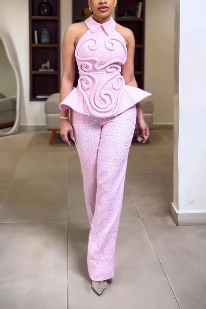 Pink Tweed Sleeveless Wide-leg Pants Suit