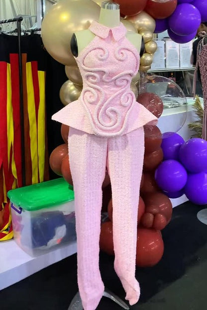 Pink Tweed Sleeveless Wide-leg Pants Suit