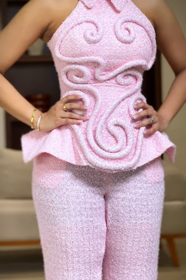 Pink Tweed Sleeveless Wide-leg Pants Suit