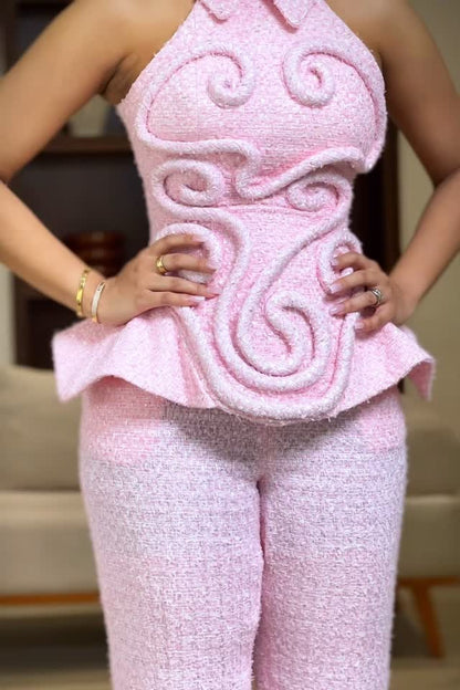 Pink Tweed Sleeveless Wide-leg Pants Suit