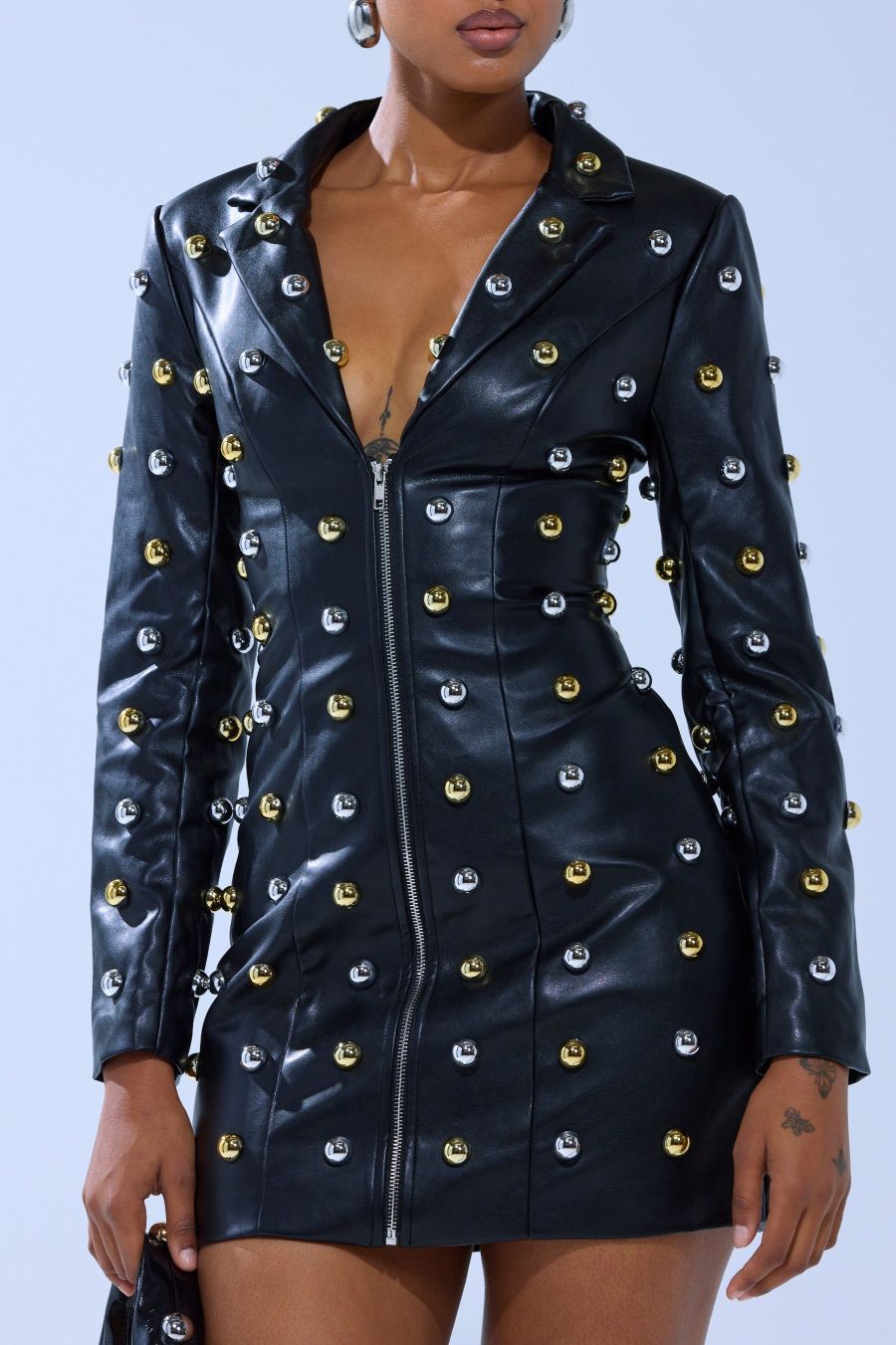Rock-style Leather Blazer Dress with Hardware