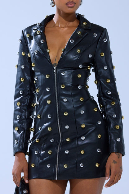 Rock-style Leather Blazer Dress with Hardware