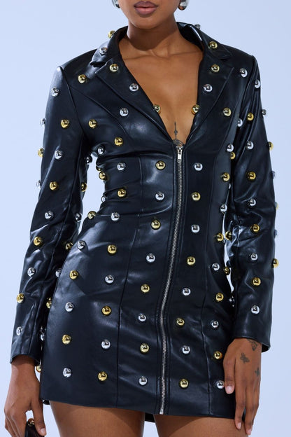 Rock-style Leather Blazer Dress with Hardware