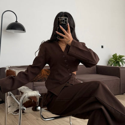 Chic Tailored Blazer Jacket and Wide-leg Trousers Set
