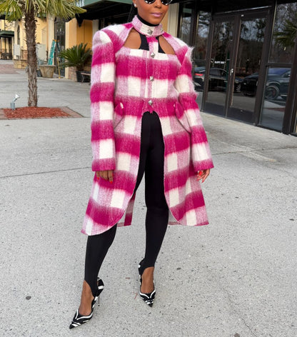 Plaid Print High Neck Cutout Coat