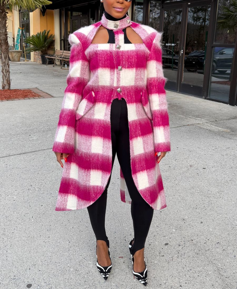 Plaid Print High Neck Cutout Coat