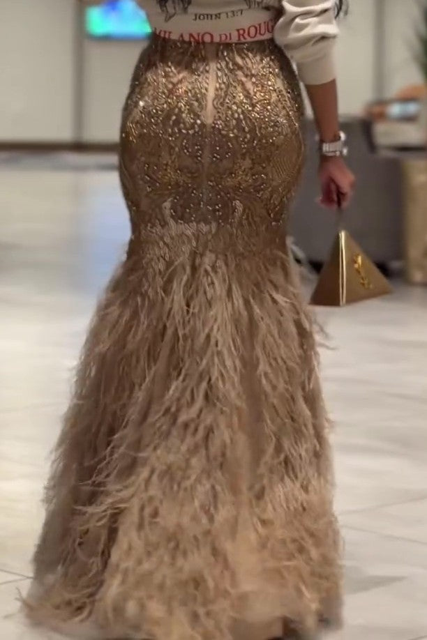 Luxurious Gold Beaded Feather Fishtail Skirt
