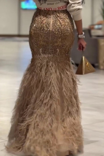 Luxurious Gold Beaded Feather Fishtail Skirt