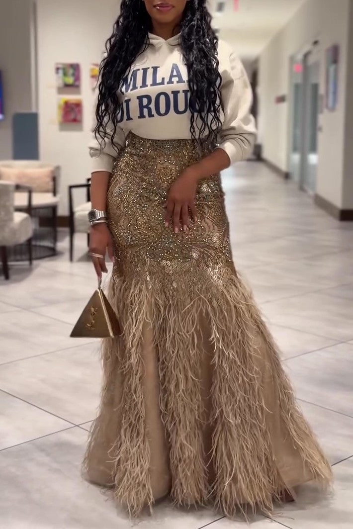 Luxurious Gold Beaded Feather Fishtail Skirt