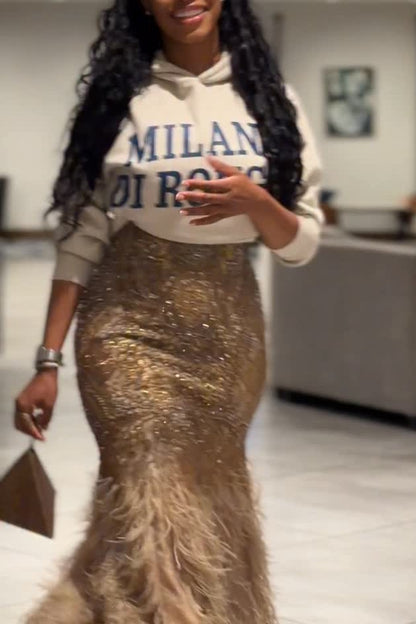 Luxurious Gold Beaded Feather Fishtail Skirt