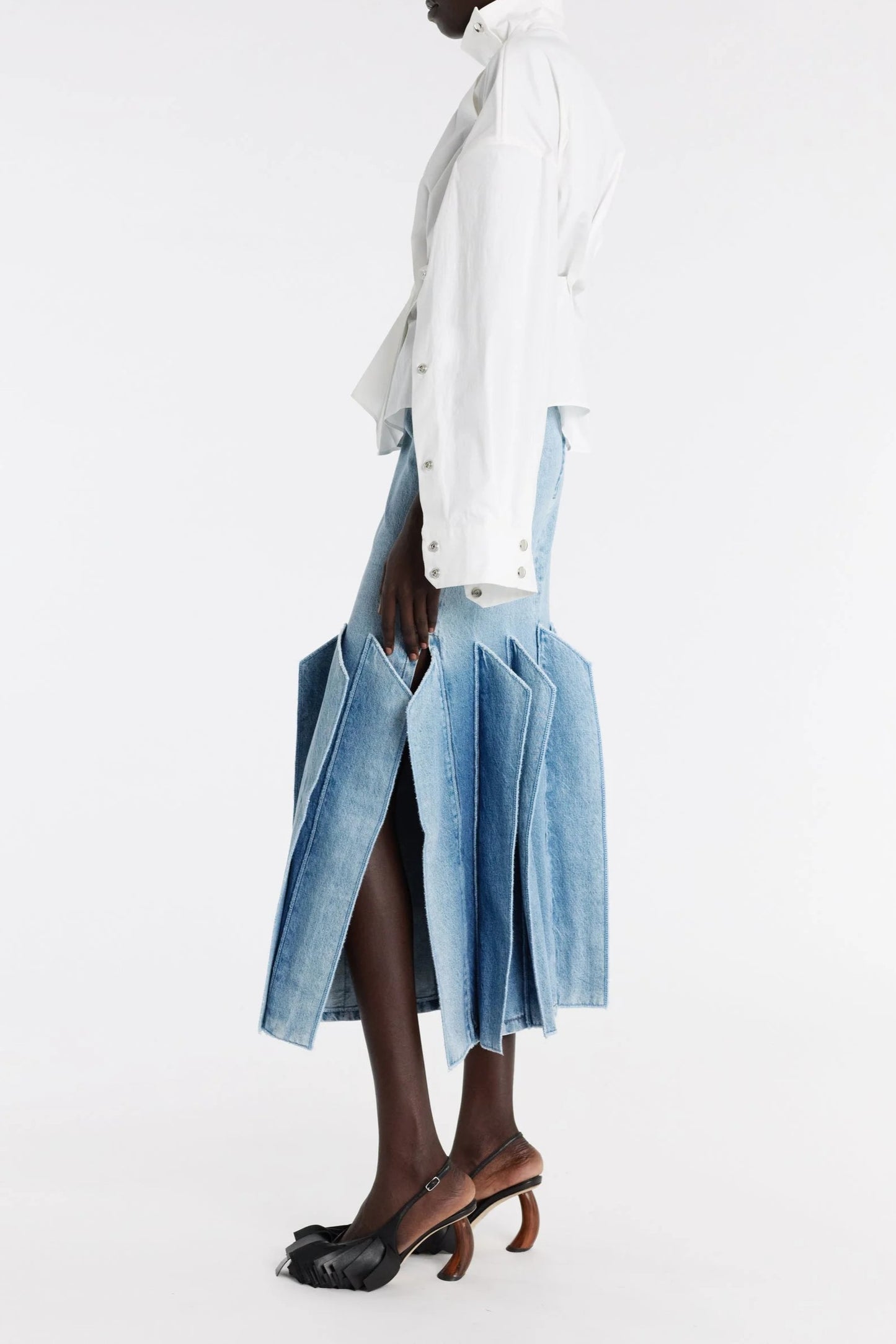 Windmill-patterned Denim Midi Skirt