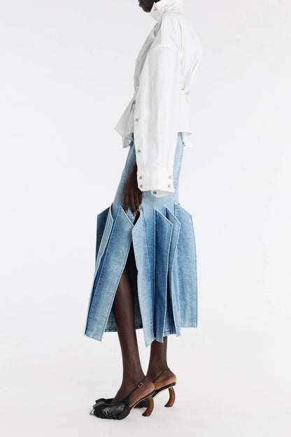 Windmill-patterned Denim Midi Skirt