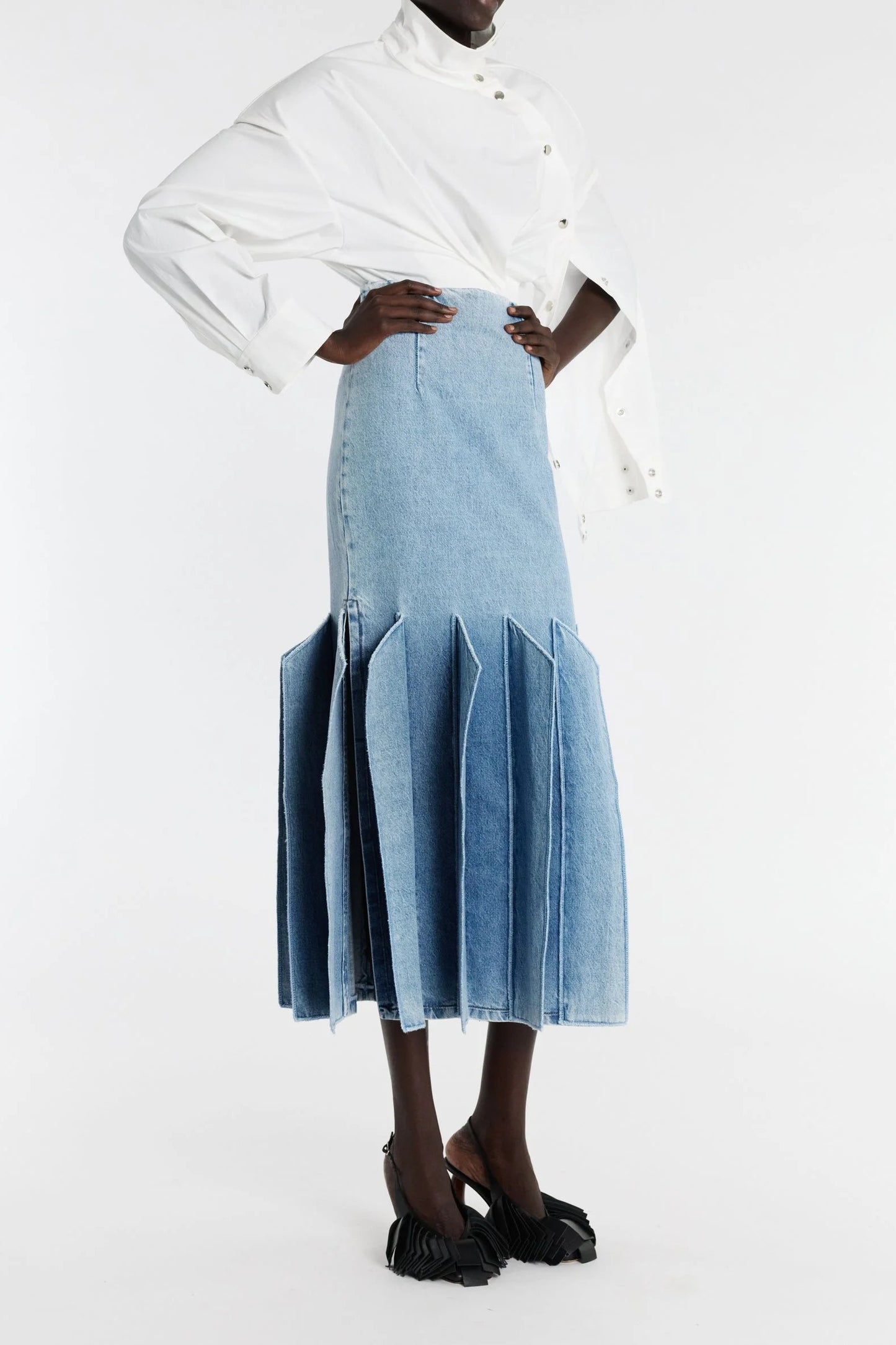 Windmill-patterned Denim Midi Skirt