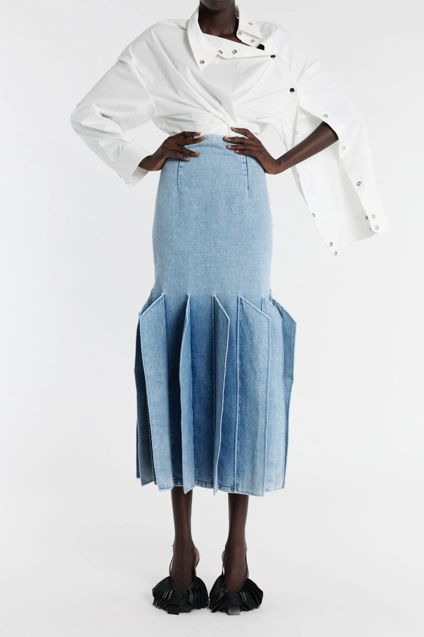 Windmill-patterned Denim Midi Skirt
