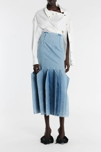 Windmill-patterned Denim Midi Skirt