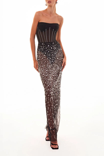 Black Tulle Long Skirt Adorned with Crystals