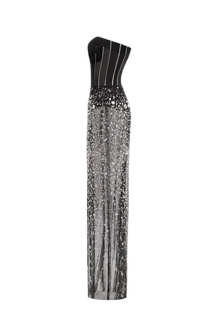 Black Tulle Long Skirt Adorned with Crystals