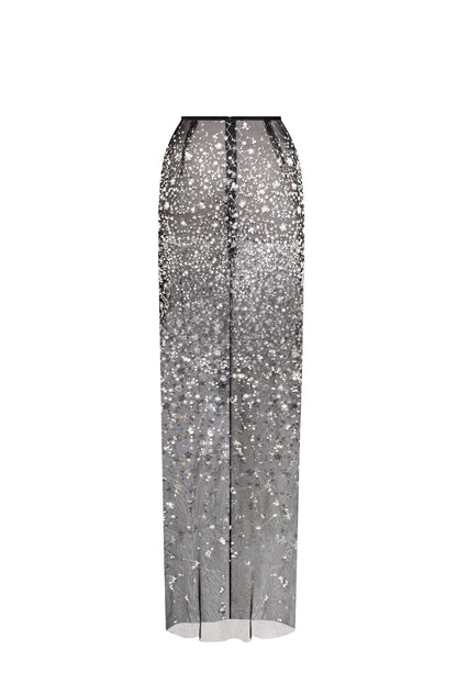 Black Tulle Long Skirt Adorned with Crystals