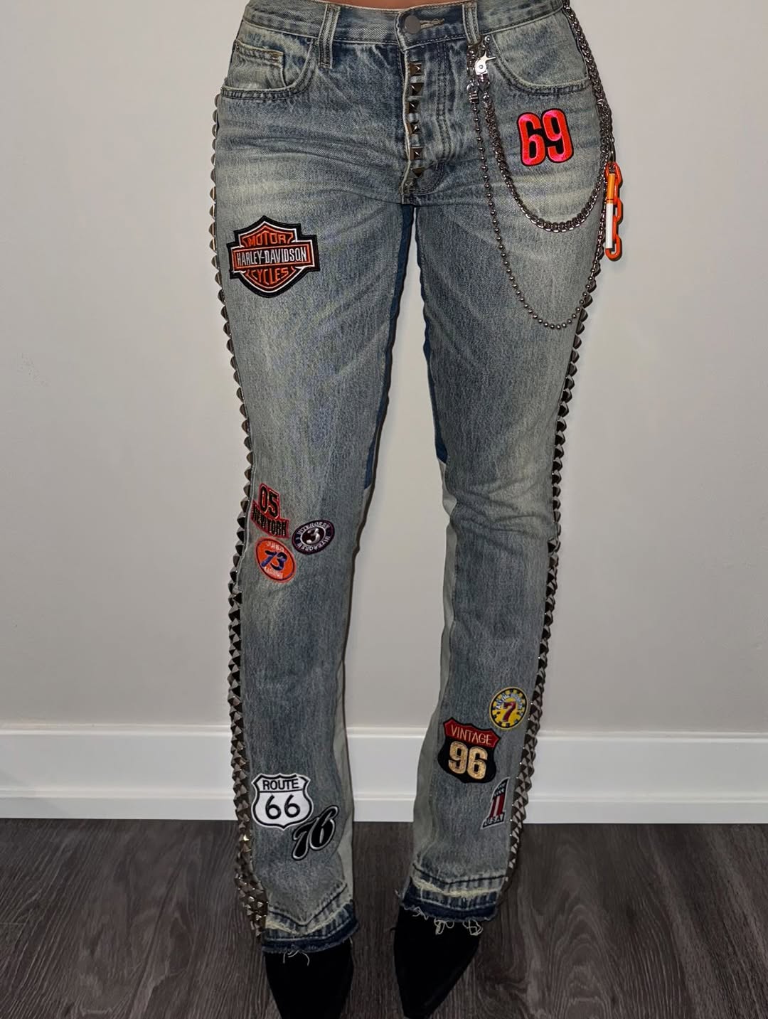 Studded Patchwork Flared Jeans