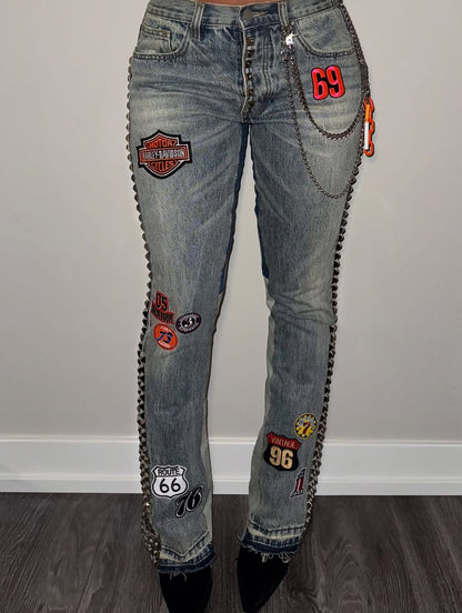 Studded Patchwork Flared Jeans