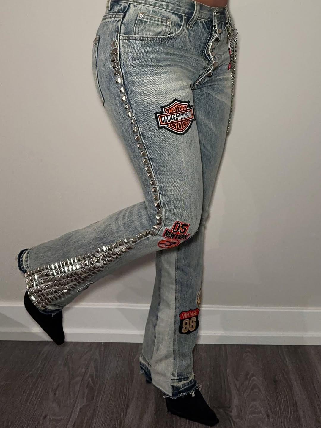 Studded Patchwork Flared Jeans