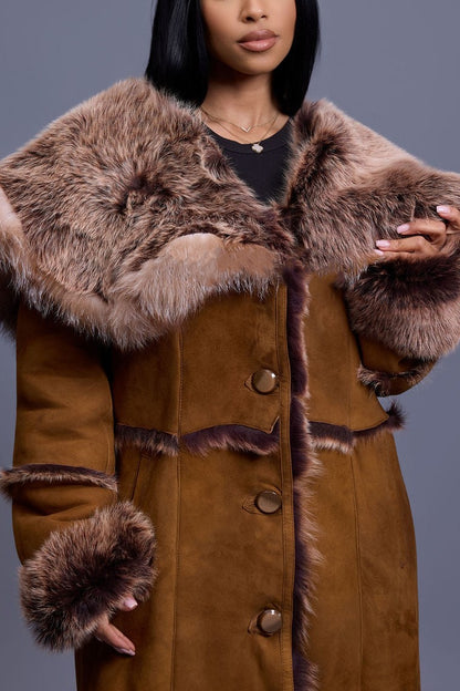 Faux Sheepskin Wide-brimmed Wrap-around Trench Coat