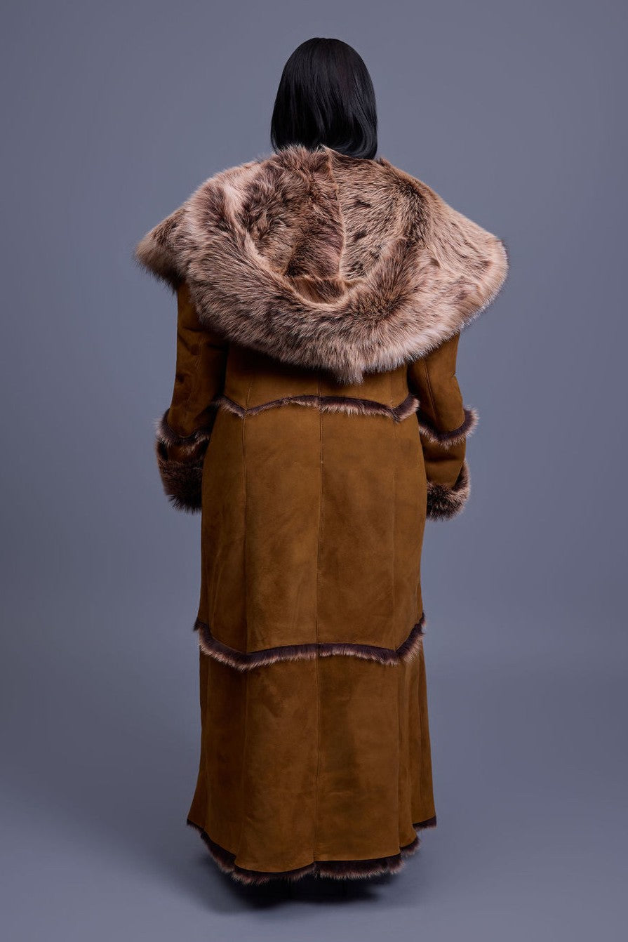 Faux Sheepskin Wide-brimmed Wrap-around Trench Coat