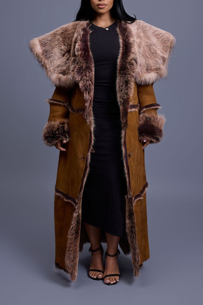 Faux Sheepskin Wide-brimmed Wrap-around Trench Coat