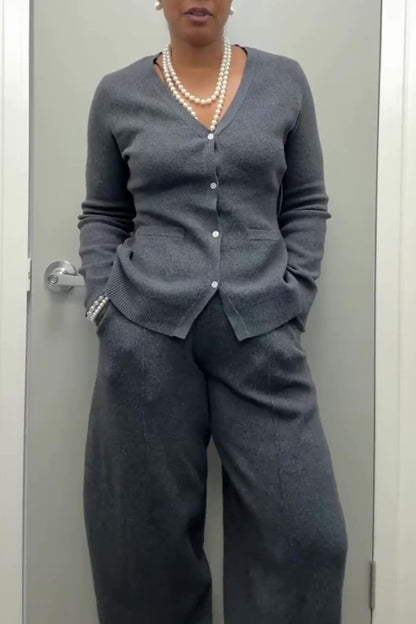 Knitted Long-sleeved Cardigan and Wide-leg Pants Set