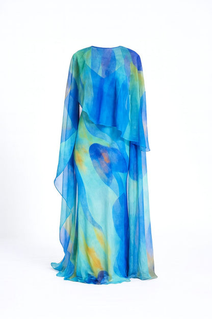 Sheer Printed Cape Maxi Dress