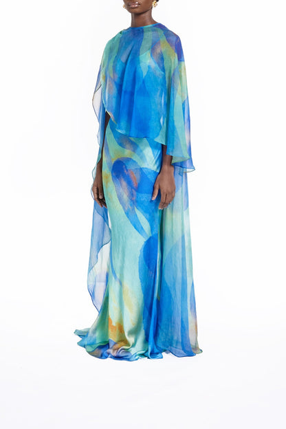 Sheer Printed Cape Maxi Dress