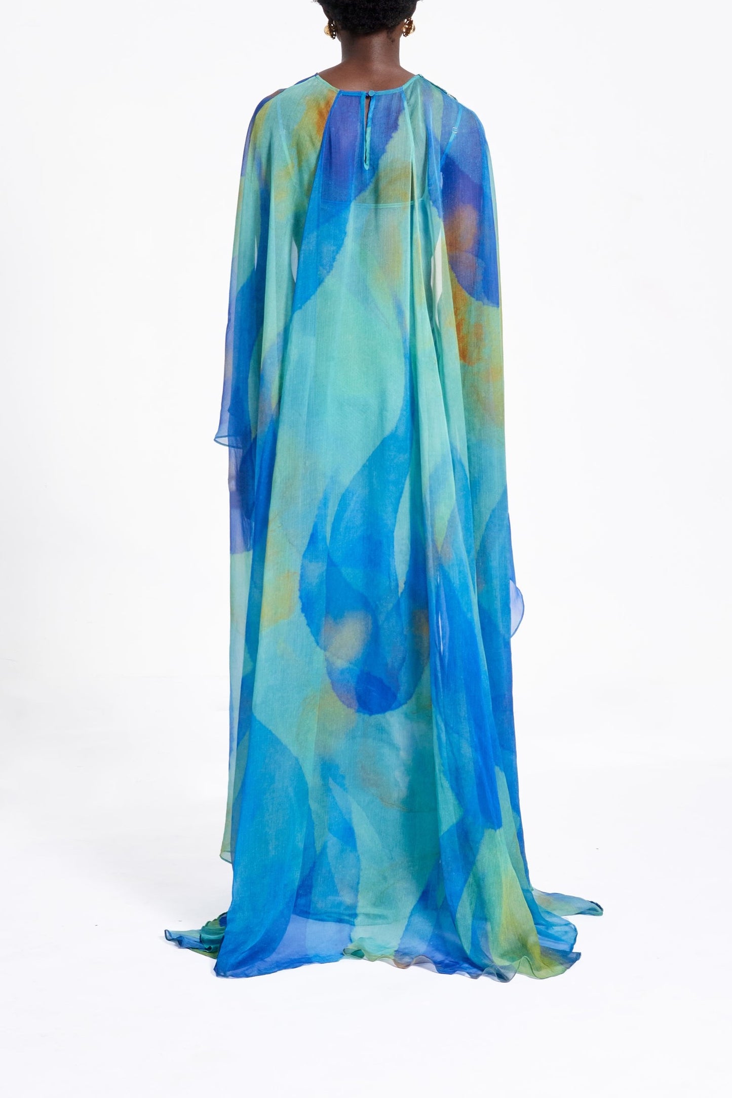 Sheer Printed Cape Maxi Dress