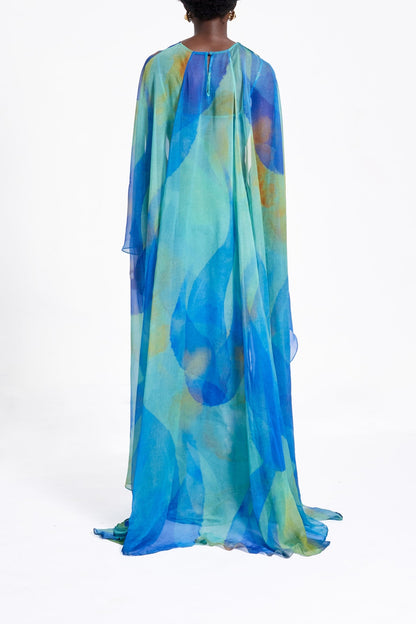 Sheer Printed Cape Maxi Dress