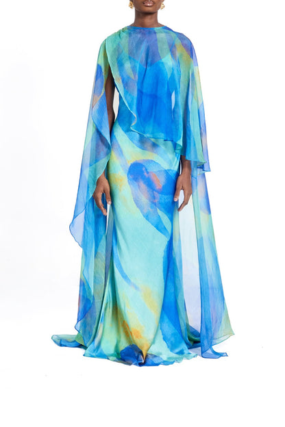 Sheer Printed Cape Maxi Dress