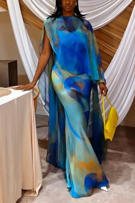 Sheer Printed Cape Maxi Dress