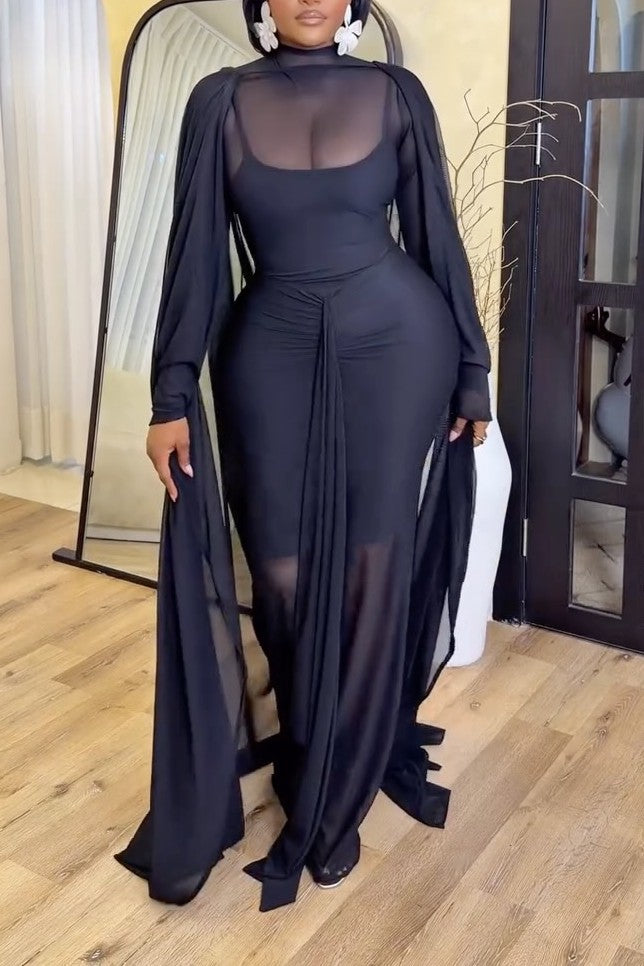 Black Sheer Fitted Cape Maxi Dress