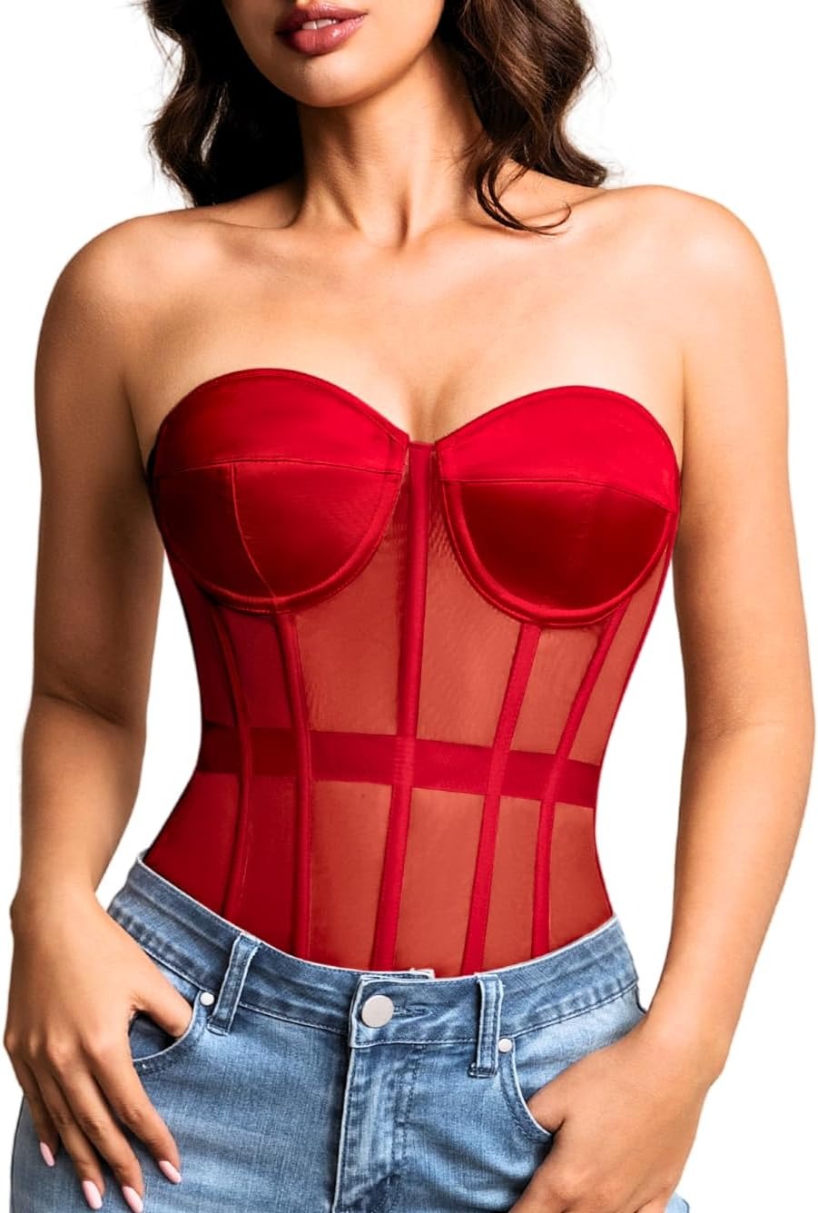 Sheer Mesh Lace Up Satin Corset Top